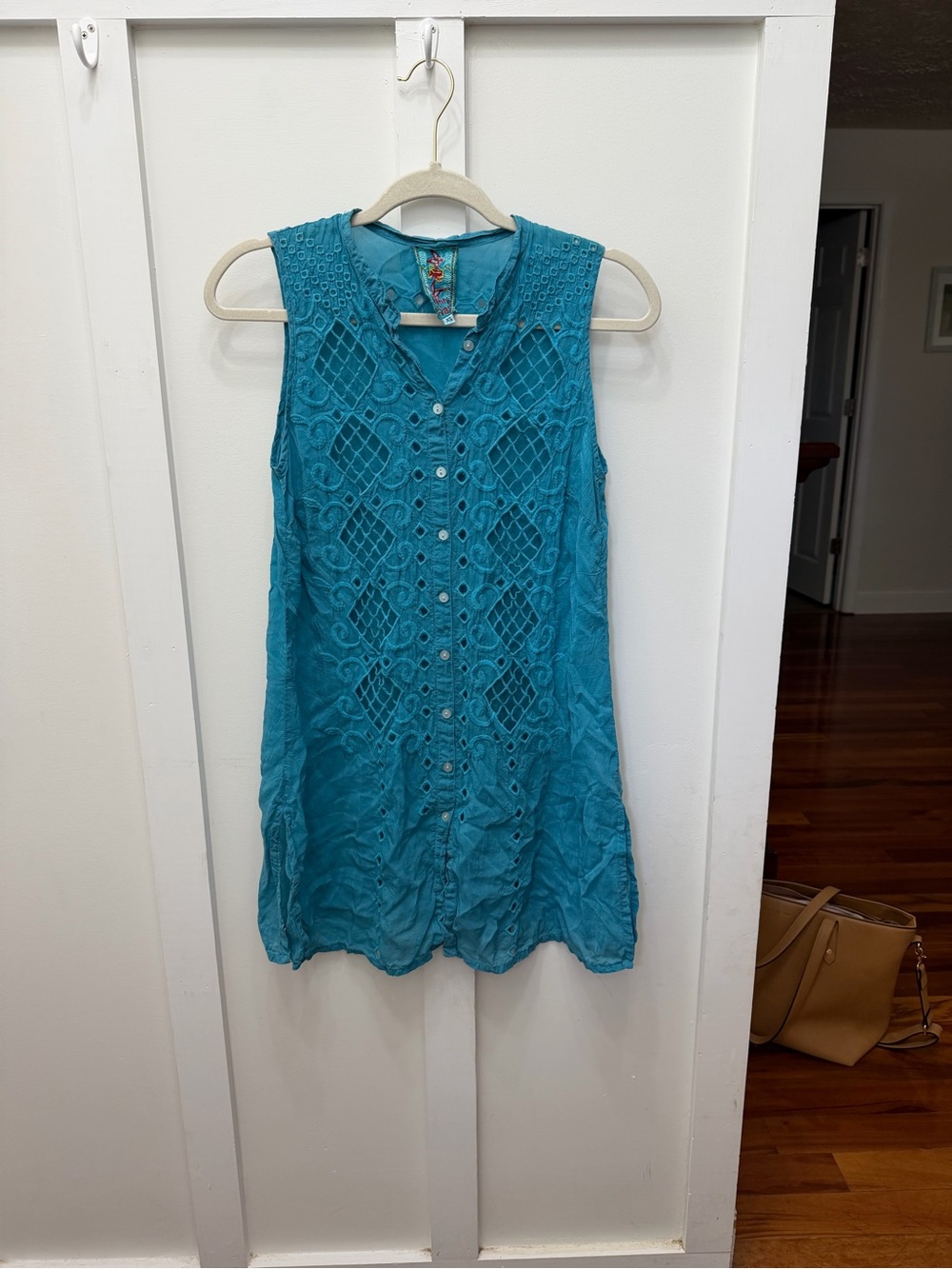 Johnny Was Teal Crochet Eyelet Button Blouse